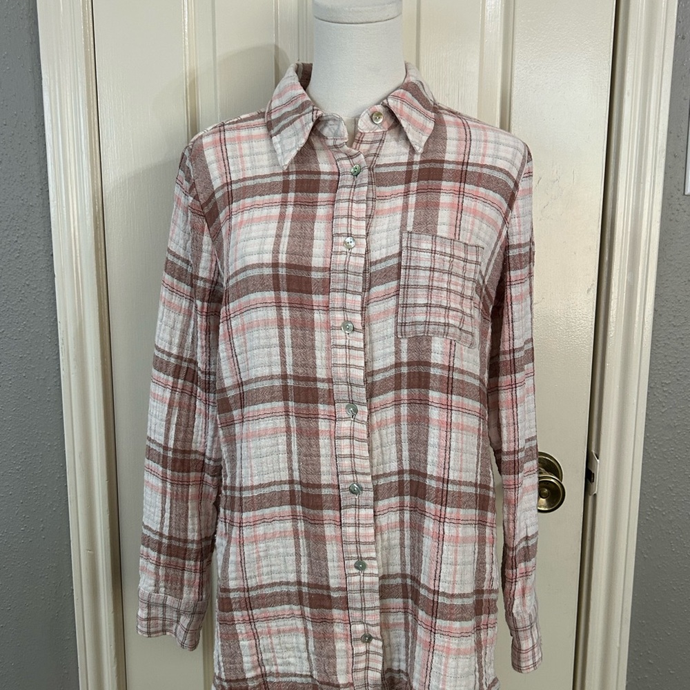 Soft Surroundings Pink & Brown Plaid Button Down  Shirt Size S 100% Cotton